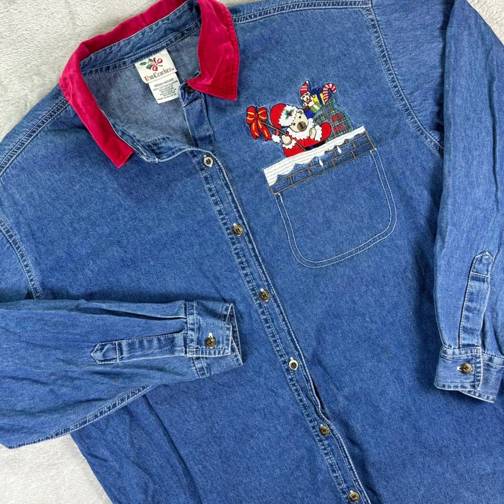Vtg NutCracker Women's Denim Button-Up Shirt Sz M Blue Santa‎ Embroidered Pocket